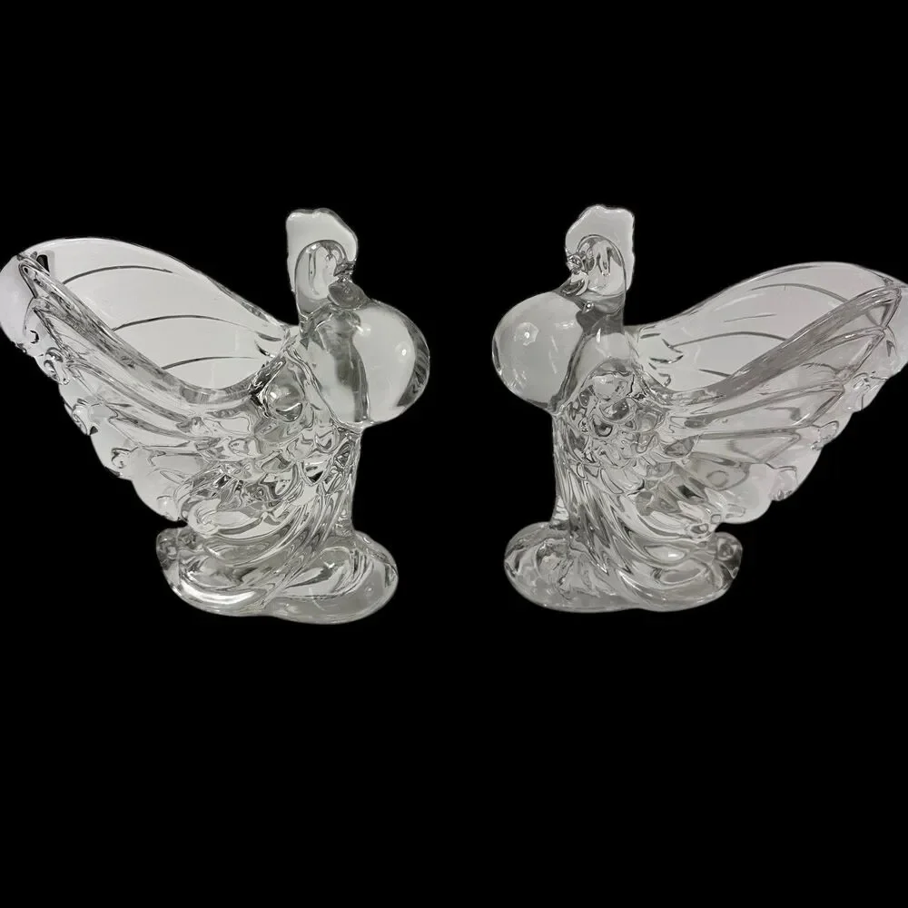 2 Vintage Heisey Glass Clear Chanticleer Rooster Chicken Animal 6